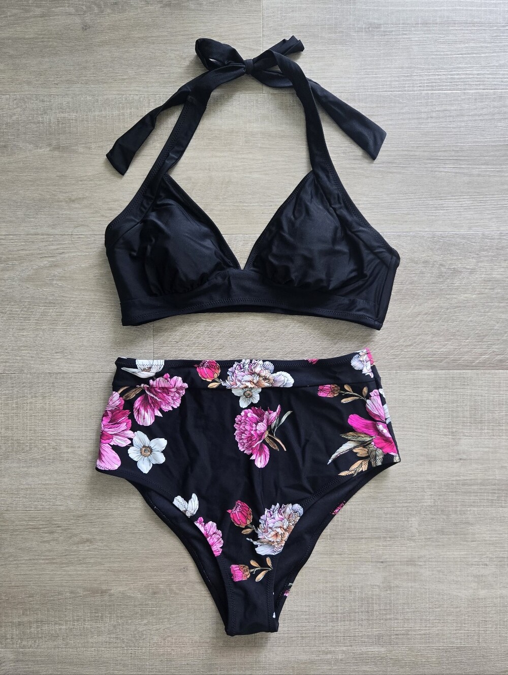 NWT Cupshe Black Floral High-Waist Bikini Set
